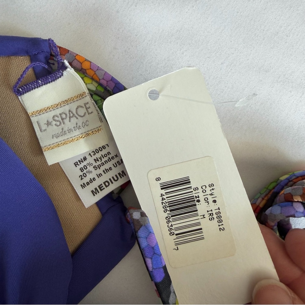 NWT L*Space "Tesserae" Purple Iris Colorful Knot Macrame Back Bandeau Bikini - Picture 7 of 17